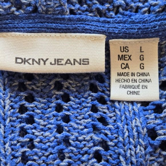 DKNY Jeans Womens Large Blue Open Knit Hoodie Sweater Peplum Waist - Picture 7 of 8